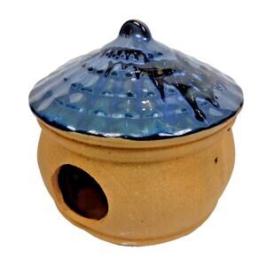 VTG Painted Terra Cotta Birdhouse Blue Glazed Pottery Folk Art Garden 5" 2 Doors